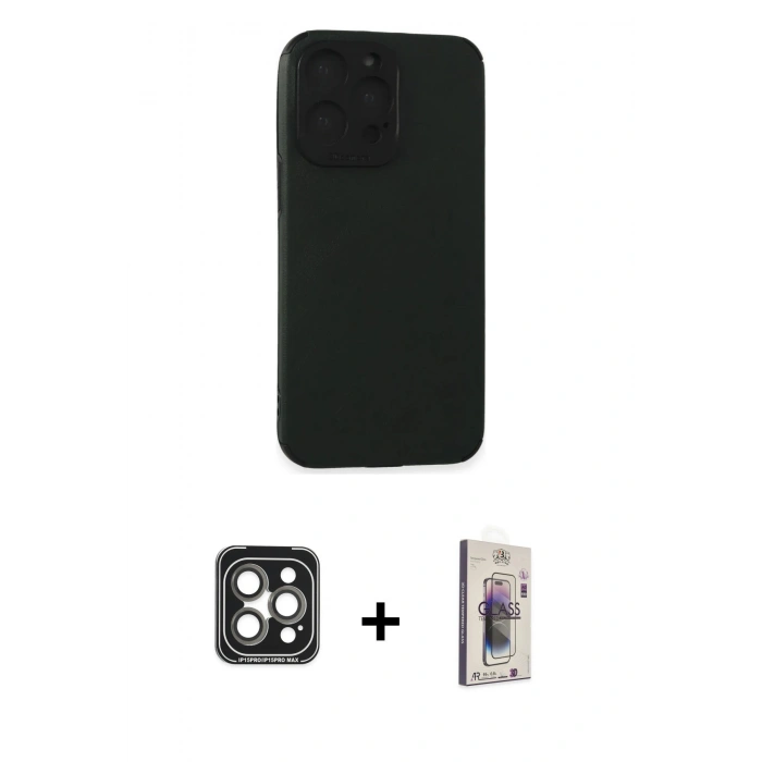 MARSİLYAN™- iPhone 15 Pro Max Kılıf Doruk Asil Koleksiyonu - Siyah Bilvis 3D Cam Ekran Koruyucu + PVD Metal Kamera Lens - GI