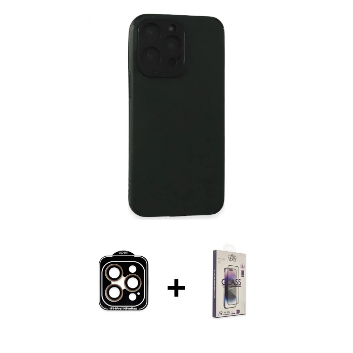 MARSİLYAN™- iPhone 15 Pro Max Kılıf Doruk Asil Koleksiyonu - Siyah Bilvis 3D Cam Ekran Koruyucu + PVD Metal Kamera Lens - TU