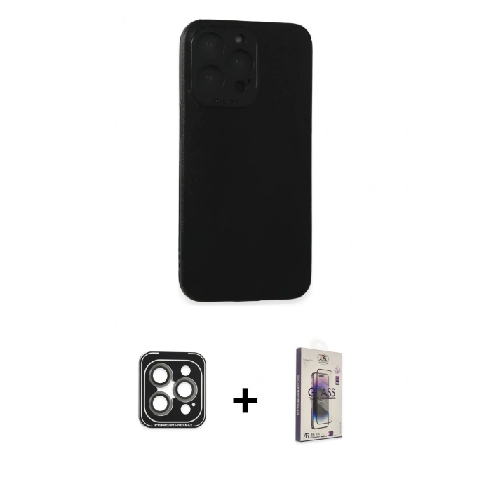 MARSİLYAN™- iPhone 15 Pro Max Kılıf Doruk Asil Koleksiyonu - Siyah Bilvis 3D Cam Ekran Koruyucu + PVD Metal Kamera Lens - GI