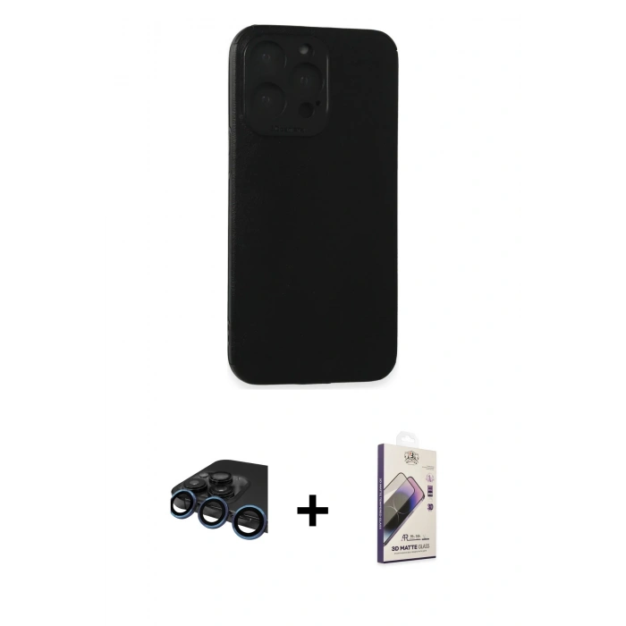 MARSİLYAN™- iPhone 15 Pro Max Kılıf Doruk Asil Koleksiyonu - Siyah Bilvis 3D Mat Cam Ekran Koruyucu + Raze Metal Kamera Lens - LT