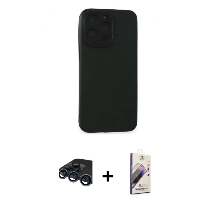 MARSİLYAN™- iPhone 15 Pro Max Kılıf Doruk Asil Koleksiyonu - Siyah Bilvis 3D Mat Cam Ekran Koruyucu + Raze Metal Kamera Lens - LT