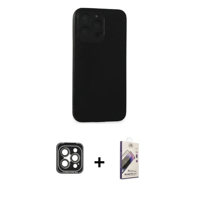 MARSİLYAN™- iPhone 15 Pro Max Kılıf Doruk Asil Koleksiyonu - Siyah Bilvis 3D Mat Cam Ekran Koruyucu + PVD Metal Kamera Lens - GI