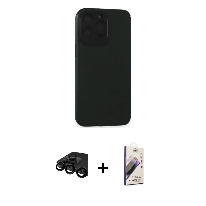 MARSİLYAN™- iPhone 15 Pro Max Kılıf Doruk Asil Koleksiyonu - Siyah Bilvis 3D Mat Cam Ekran Koruyucu + Raze Metal Kamera Lens - SH