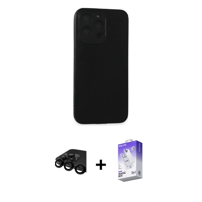 MARSİLYAN™- iPhone 15 Pro Max Kılıf Doruk Asil Koleksiyonu - Siyah Bilvis 5in1 3D Magic Cam Ekran Koruyucu + Raze Metal Kamera Lens - SH