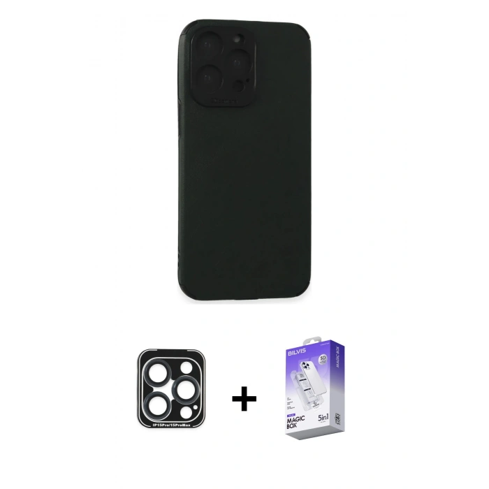 MARSİLYAN™- iPhone 15 Pro Max Kılıf Doruk Asil Koleksiyonu - Siyah Bilvis 5in1 3D Magic Cam Ekran Koruyucu + Lacivert PVD Metal Kamera Lens