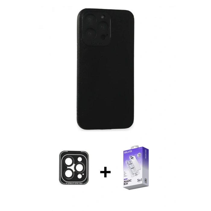 MARSİLYAN™- iPhone 15 Pro Max Kılıf Doruk Asil Koleksiyonu - Siyah Bilvis 5in1 3D Magic Cam Ekran Koruyucu + PVD Metal Kamera Lens - SH