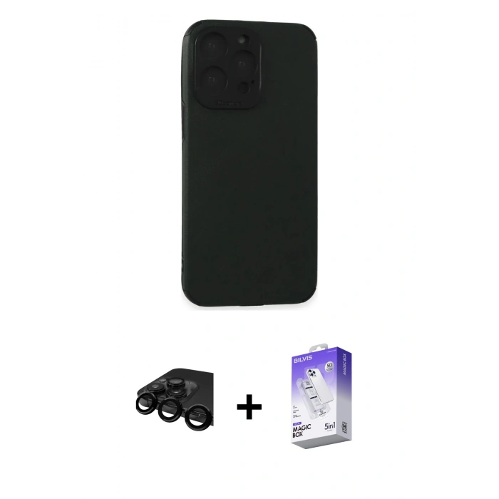 MARSİLYAN™- iPhone 15 Pro Max Kılıf Doruk Asil Koleksiyonu - Siyah Bilvis 5in1 3D Magic Cam Ekran Koruyucu + Raze Metal Kamera Lens - SH