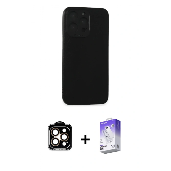 MARSİLYAN™- iPhone 15 Pro Max Kılıf Doruk Asil Koleksiyonu - Siyah Bilvis 5in1 3D Magic Cam Ekran Koruyucu + PVD Metal Kamera Lens - TU