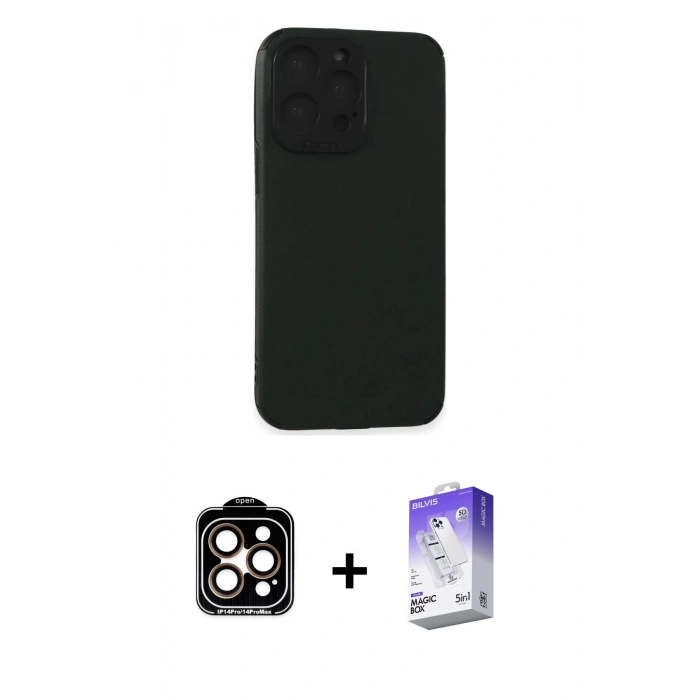 MARSİLYAN™- iPhone 15 Pro Max Kılıf Doruk Asil Koleksiyonu - Siyah Bilvis 5in1 3D Magic Cam Ekran Koruyucu + PVD Metal Kamera Lens - TU