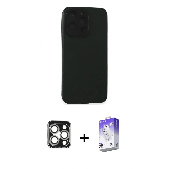 MARSİLYAN™- iPhone 15 Pro Max Kılıf Doruk Asil Koleksiyonu - Siyah Bilvis 5in1 3D Magic Cam Ekran Koruyucu + PVD Metal Kamera Lens - GS