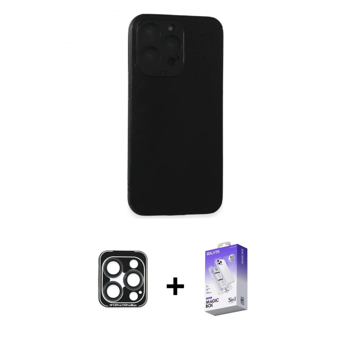 MARSİLYAN™- iPhone 15 Pro Max Kılıf Doruk Asil Koleksiyonu - Siyah Bilvis 5in1 3D Magic Cam Ekran Koruyucu + Lacivert PVD Metal Kamera Lens