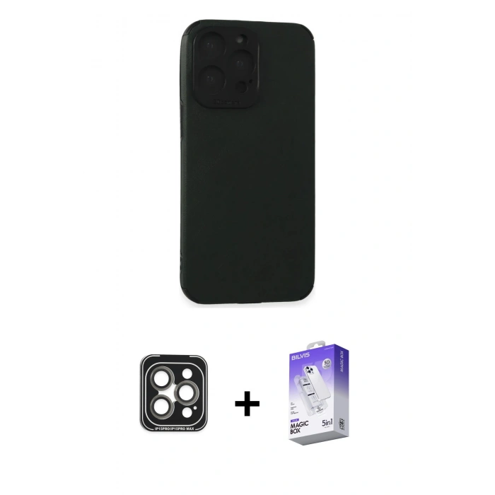 MARSİLYAN™- iPhone 15 Pro Max Kılıf Doruk Asil Koleksiyonu - Siyah Bilvis 5in1 3D Magic Cam Ekran Koruyucu + PVD Metal Kamera Lens - GI