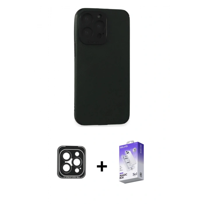 MARSİLYAN™- iPhone 15 Pro Max Kılıf Doruk Asil Koleksiyonu - Siyah Bilvis 5in1 3D Magic Cam Ekran Koruyucu + PVD Metal Kamera Lens - SH