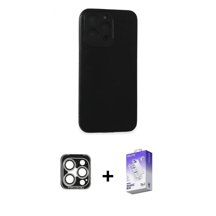 MARSİLYAN™- iPhone 15 Pro Max Kılıf Doruk Asil Koleksiyonu - Siyah Bilvis 5in1 3D Magic Cam Ekran Koruyucu + PVD Metal Kamera Lens - GS