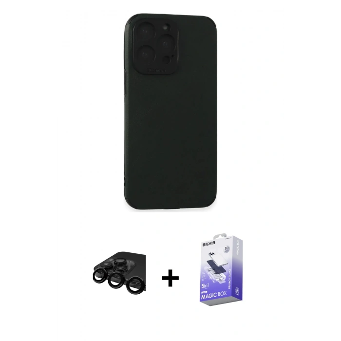 MARSİLYAN™- iPhone 15 Pro Max Kılıf Doruk Asil Koleksiyonu - Siyah Bilvis 5in1 5D Magic Hayalet Cam Ekran Koruyucu + Raze Metal Kamera Lens - SH