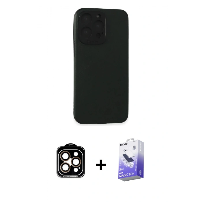 MARSİLYAN™- iPhone 15 Pro Max Kılıf Doruk Asil Koleksiyonu - Siyah Bilvis 5in1 5D Magic Hayalet Cam Ekran Koruyucu + PVD Metal Kamera Lens - TU