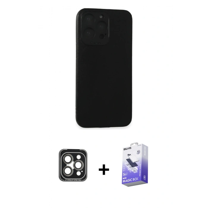 MARSİLYAN™- iPhone 15 Pro Max Kılıf Doruk Asil Koleksiyonu - Siyah Bilvis 5in1 5D Magic Hayalet Cam Ekran Koruyucu + PVD Metal Kamera Lens - GI