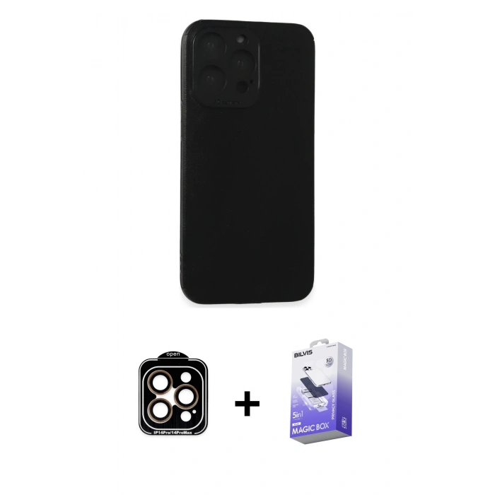MARSİLYAN™- iPhone 15 Pro Max Kılıf Doruk Asil Koleksiyonu - Siyah Bilvis 5in1 5D Magic Hayalet Cam Ekran Koruyucu + PVD Metal Kamera Lens - TU