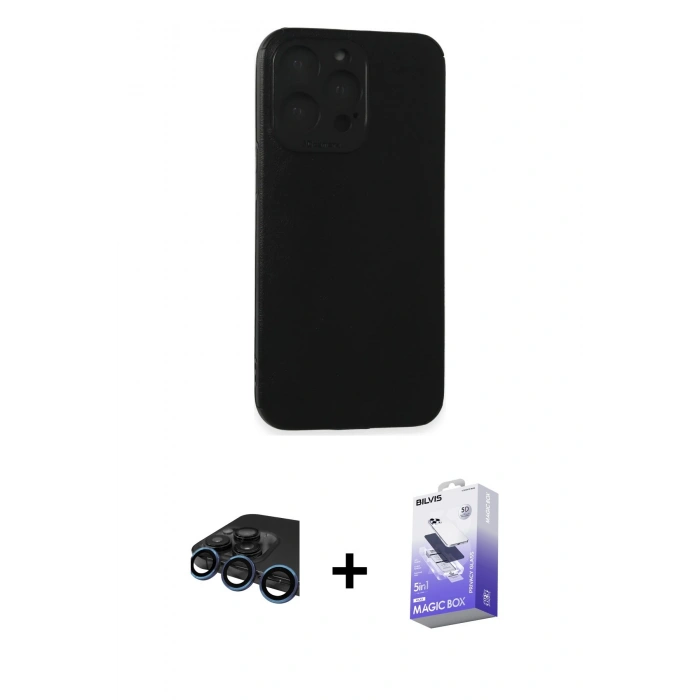 MARSİLYAN™- iPhone 15 Pro Max Kılıf Doruk Asil Koleksiyonu - Siyah Bilvis 5in1 5D Magic Hayalet Cam Ekran Koruyucu + Raze Metal Kamera Lens - LT