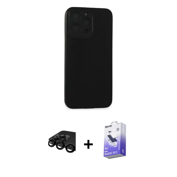 MARSİLYAN™- iPhone 15 Pro Max Kılıf Doruk Asil Koleksiyonu - Siyah Bilvis 5in1 5D Magic Hayalet Cam Ekran Koruyucu + Raze Metal Kamera Lens - SH