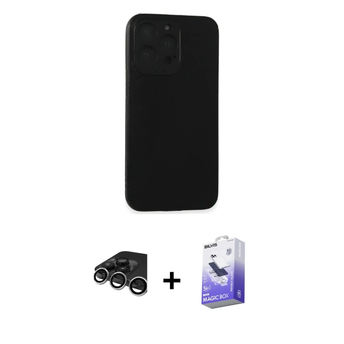 MARSİLYAN™- iPhone 15 Pro Max Kılıf Doruk Asil Koleksiyonu - Siyah Bilvis 5in1 5D Magic Hayalet Cam Ekran Koruyucu + Raze Metal Kamera Lens - GS