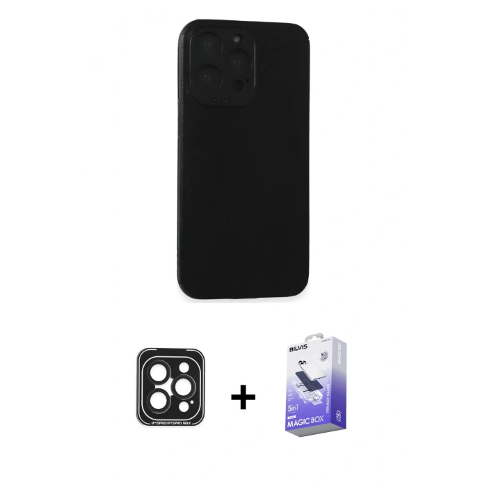 MARSİLYAN™- iPhone 15 Pro Max Kılıf Doruk Asil Koleksiyonu - Siyah Bilvis 5in1 5D Magic Hayalet Cam Ekran Koruyucu + PVD Metal Kamera Lens - SH