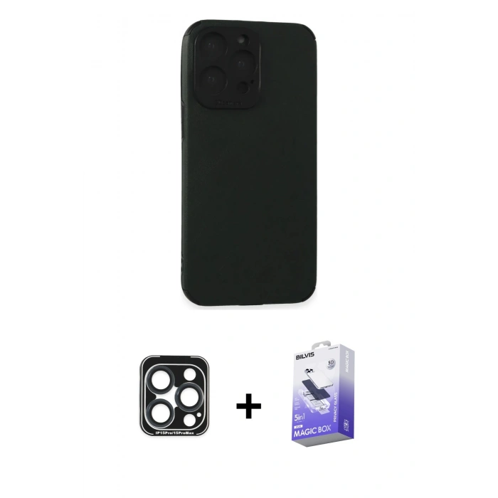MARSİLYAN™- iPhone 15 Pro Max Kılıf Doruk Asil Koleksiyonu - Siyah Bilvis 5in1 5D Magic Hayalet Cam Ekran Koruyucu + PVD Metal Kamera Lens - LT