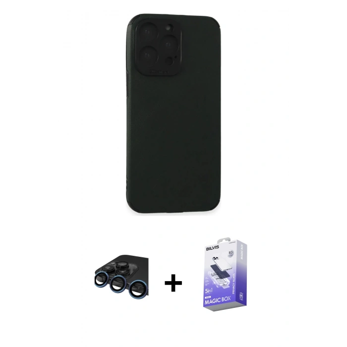 MARSİLYAN™- iPhone 15 Pro Max Kılıf Doruk Asil Koleksiyonu - Siyah Bilvis 5in1 5D Magic Hayalet Cam Ekran Koruyucu + Raze Metal Kamera Lens - LT
