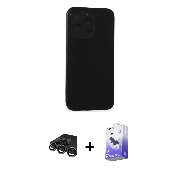 MARSİLYAN™- iPhone 15 Pro Max Kılıf Doruk Asil Koleksiyonu - Siyah Bilvis 5in1 5D Magic Hayalet Cam Ekran Koruyucu + Titanyum Gri Raze Metal Kamera Lens