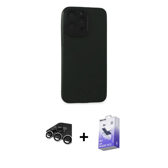 MARSİLYAN™- iPhone 15 Pro Max Kılıf Doruk Asil Koleksiyonu - Siyah Bilvis 5in1 5D Magic Hayalet Cam Ekran Koruyucu + Raze Metal Kamera Lens - GS