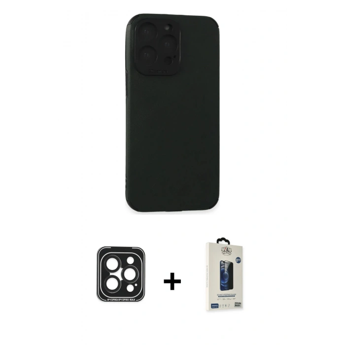 MARSİLYAN™- iPhone 15 Pro Max Kılıf Doruk Asil Koleksiyonu - Siyah Bilvis Hayalet Cam Ekran Koruyucu + PVD Metal Kamera Lens - SH