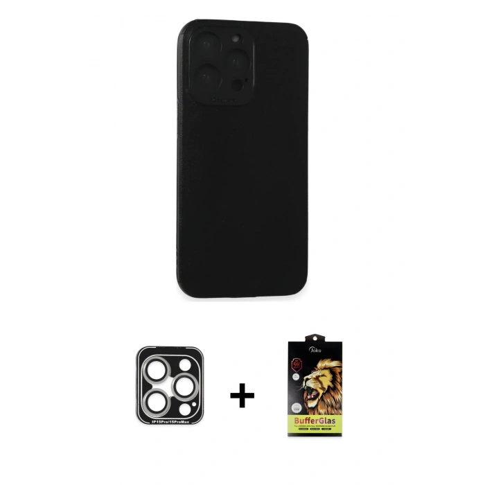 MARSİLYAN™- iPhone 15 Pro Max Kılıf Doruk Asil Koleksiyonu - Siyah Buffer Cam Ekran Koruyucu + PVD Metal Kamera Lens - GS