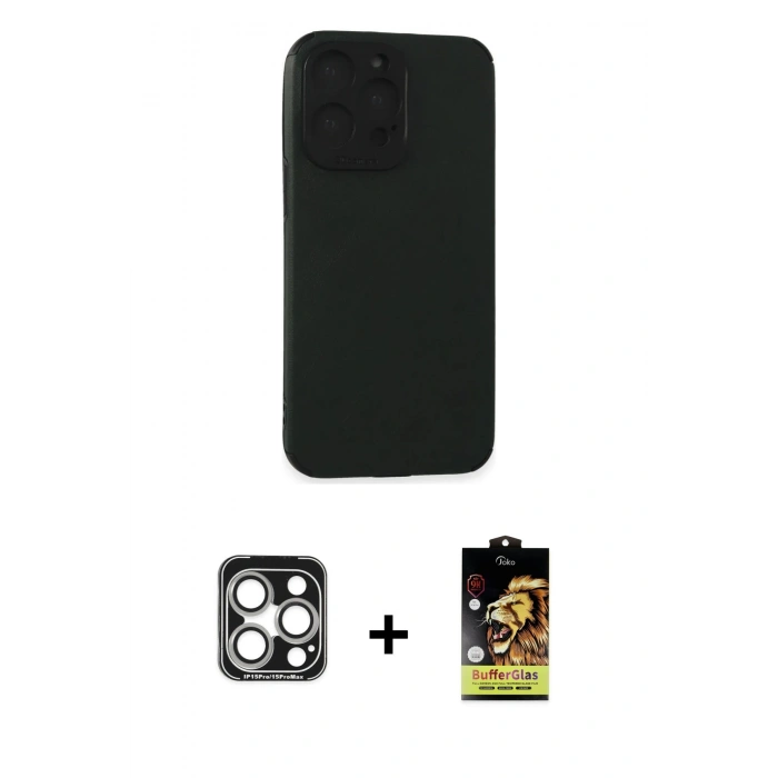 MARSİLYAN™- iPhone 15 Pro Max Kılıf Doruk Asil Koleksiyonu - Siyah Buffer Cam Ekran Koruyucu + PVD Metal Kamera Lens - GS
