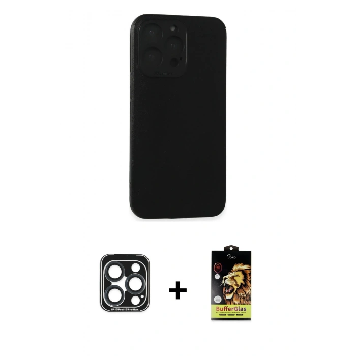MARSİLYAN™- iPhone 15 Pro Max Kılıf Doruk Asil Koleksiyonu - Siyah Buffer Cam Ekran Koruyucu + PVD Metal Kamera Lens - LT