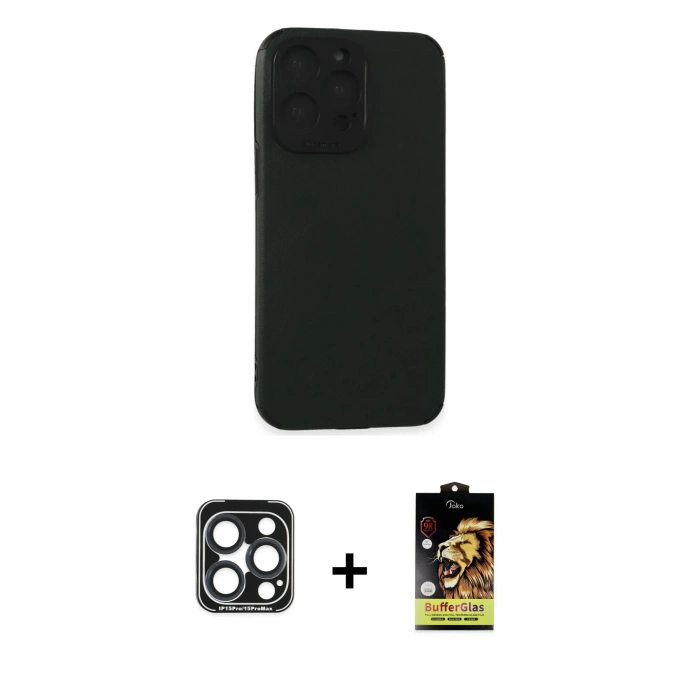 MARSİLYAN™- iPhone 15 Pro Max Kılıf Doruk Asil Koleksiyonu - Siyah Buffer Cam Ekran Koruyucu + PVD Metal Kamera Lens - LT