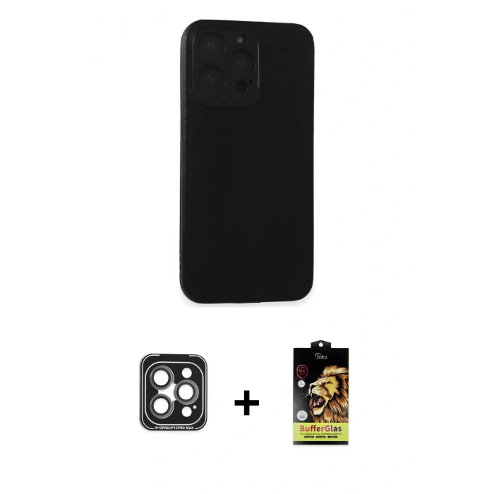 MARSİLYAN™- iPhone 15 Pro Max Kılıf Doruk Asil Koleksiyonu - Siyah Buffer Cam Ekran Koruyucu + PVD Metal Kamera Lens - GI