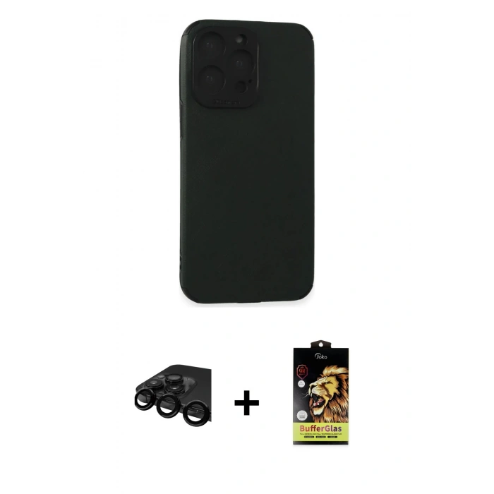 MARSİLYAN™- iPhone 15 Pro Max Kılıf Doruk Asil Koleksiyonu - Siyah Buffer Cam Ekran Koruyucu + Raze Metal Kamera Lens - SH