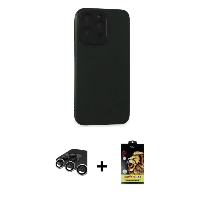 MARSİLYAN™- iPhone 15 Pro Max Kılıf Doruk Asil Koleksiyonu - Siyah Buffer Cam Ekran Koruyucu + Raze Metal Kamera Lens - GS