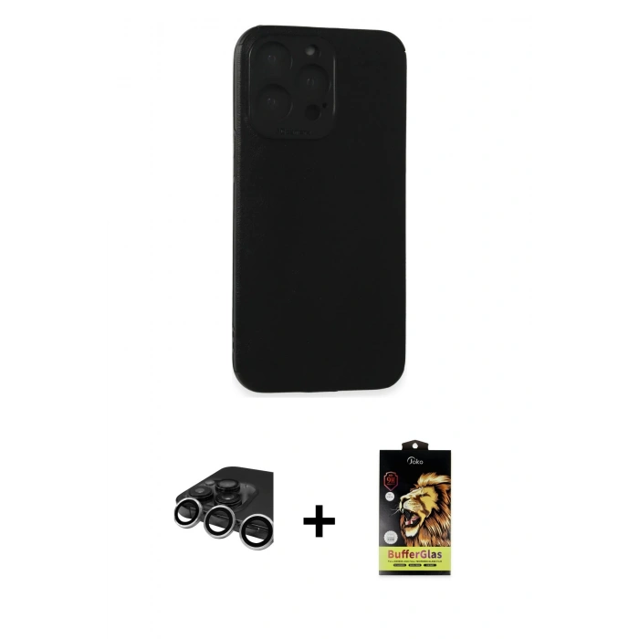 MARSİLYAN™- iPhone 15 Pro Max Kılıf Doruk Asil Koleksiyonu - Siyah Buffer Cam Ekran Koruyucu + Raze Metal Kamera Lens - GS