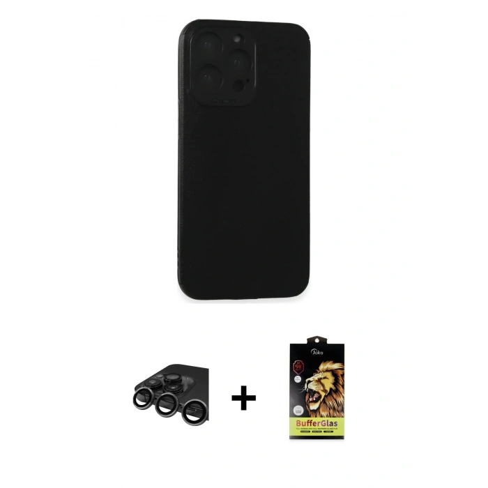 MARSİLYAN™- iPhone 15 Pro Max Kılıf Doruk Asil Koleksiyonu - Siyah Buffer Cam Ekran Koruyucu + Raze Metal Kamera Lens - TMGI