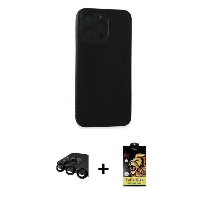 MARSİLYAN™- iPhone 15 Pro Max Kılıf Doruk Asil Koleksiyonu - Siyah Buffer Cam Ekran Koruyucu + Raze Metal Kamera Lens - SH