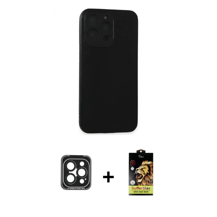 MARSİLYAN™- iPhone 15 Pro Max Kılıf Doruk Asil Koleksiyonu - Siyah Buffer Cam Ekran Koruyucu + PVD Metal Kamera Lens - SH