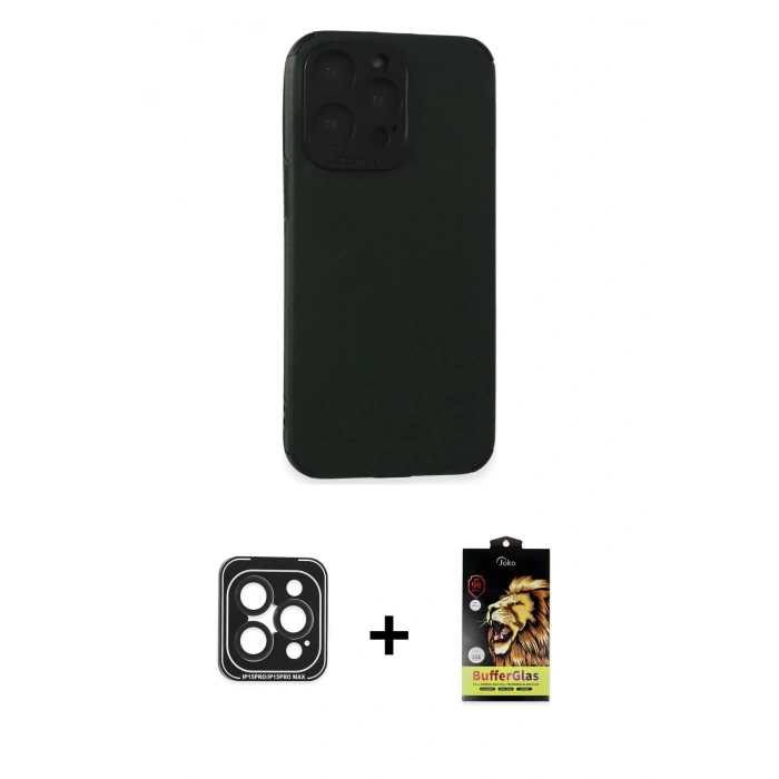 MARSİLYAN™- iPhone 15 Pro Max Kılıf Doruk Asil Koleksiyonu - Siyah Buffer Cam Ekran Koruyucu + PVD Metal Kamera Lens - SH