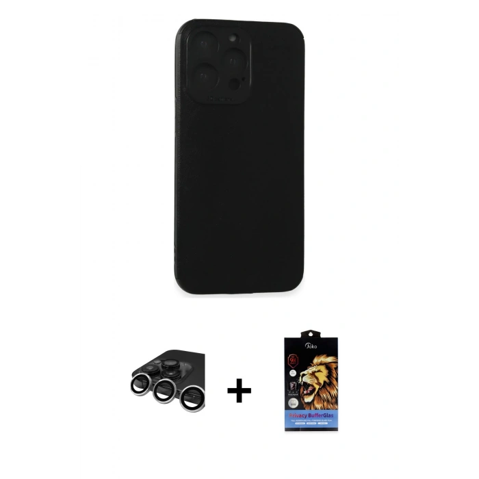 MARSİLYAN™- iPhone 15 Pro Max Kılıf Doruk Asil Koleksiyonu - Siyah Buffer Hayalet Cam Ekran Koruyucu + Raze Metal Kamera Lens - GS