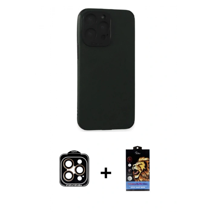 MARSİLYAN™- iPhone 15 Pro Max Kılıf Doruk Asil Koleksiyonu - Siyah Buffer Hayalet Cam Ekran Koruyucu + PVD Metal Kamera Lens - TU