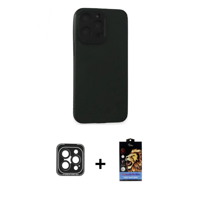 MARSİLYAN™- iPhone 15 Pro Max Kılıf Doruk Asil Koleksiyonu - Siyah Buffer Hayalet Cam Ekran Koruyucu + PVD Metal Kamera Lens - SH