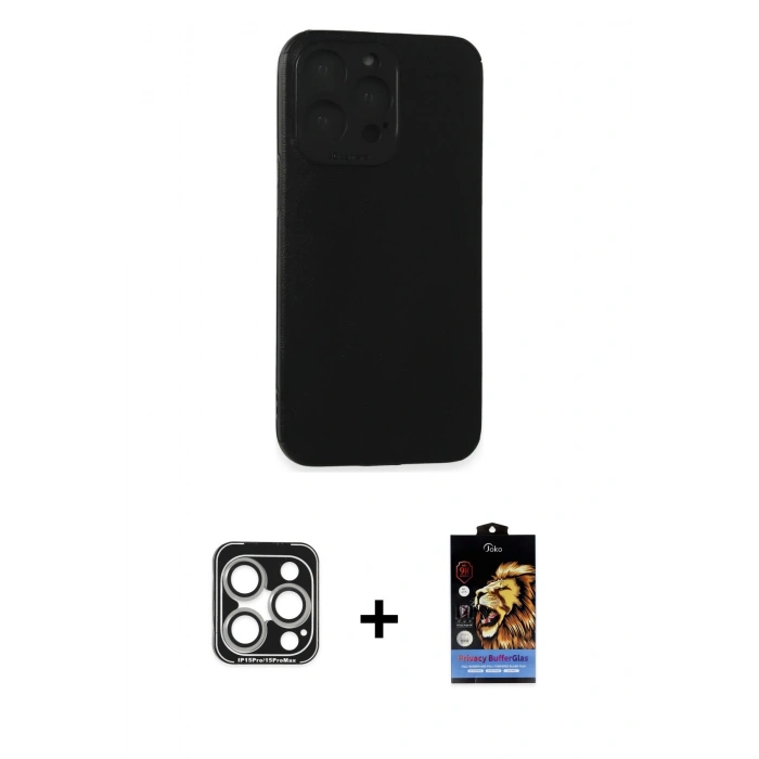 MARSİLYAN™- iPhone 15 Pro Max Kılıf Doruk Asil Koleksiyonu - Siyah Buffer Hayalet Cam Ekran Koruyucu + PVD Metal Kamera Lens - GS