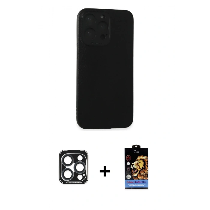 MARSİLYAN™- iPhone 15 Pro Max Kılıf Doruk Asil Koleksiyonu - Siyah Buffer Hayalet Cam Ekran Koruyucu + PVD Metal Kamera Lens - LT
