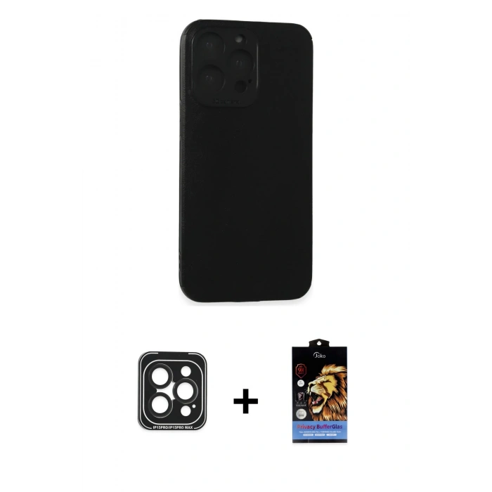 MARSİLYAN™- iPhone 15 Pro Max Kılıf Doruk Asil Koleksiyonu - Siyah Buffer Hayalet Cam Ekran Koruyucu + PVD Metal Kamera Lens - SH