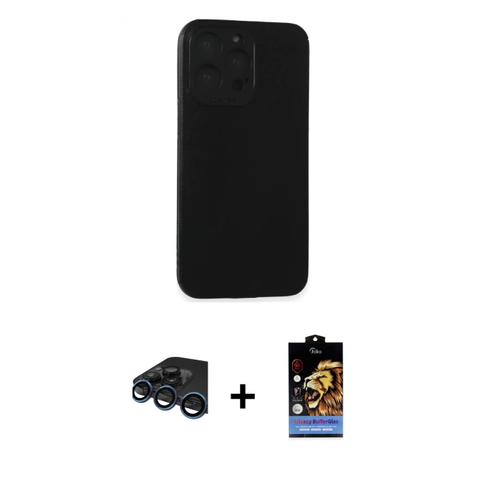 MARSİLYAN™- iPhone 15 Pro Max Kılıf Doruk Asil Koleksiyonu - Siyah Buffer Hayalet Cam Ekran Koruyucu + Raze Metal Kamera Lens - LT